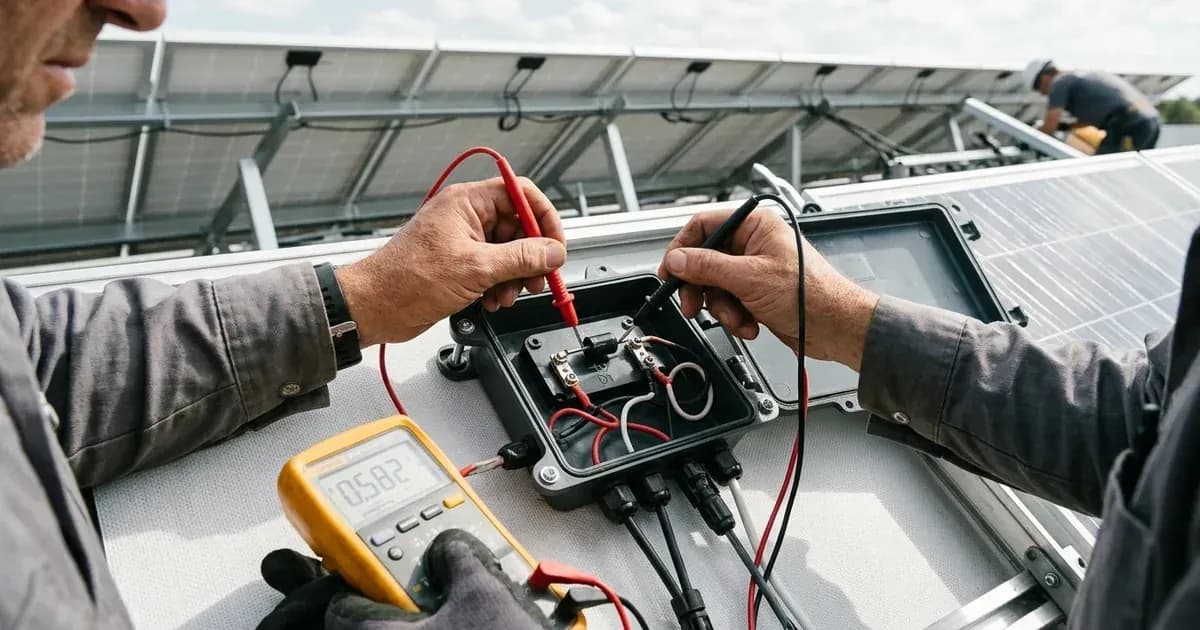 Multimeter probes testing a bypass diode inside an open solar panel junction box on a rooftop. — SolarNevs spec card