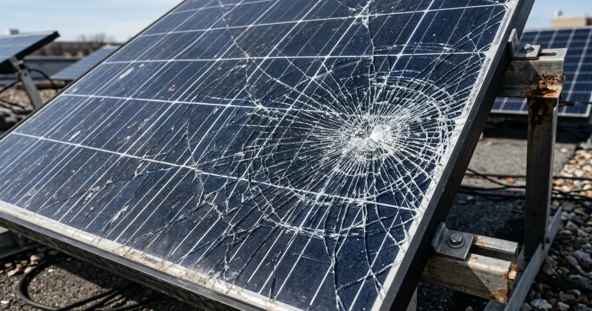 Close-up of cracked tempered glass on a rooftop solar panel showing impact damage. — SolarNevs spec card