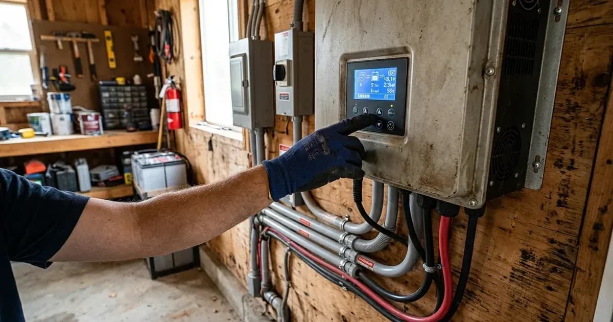 Solar inverter control panel with illuminated display being adjusted in a home electrical installation. — SolarNevs spec card