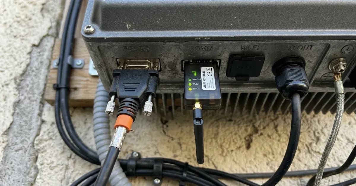 Communication port and data monitoring cable plugged into the underside of a solar inverter. — SolarNevs spec card