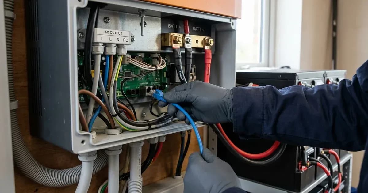 Technician connecting a CAN/RS485 communication cable into a solar hybrid inverter wiring compartment. — SolarNevs spec card