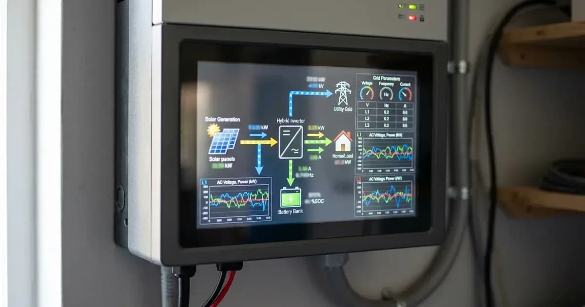 Touchscreen control interface on a three-phase hybrid solar inverter displaying system power flow options. — SolarNevs spec card