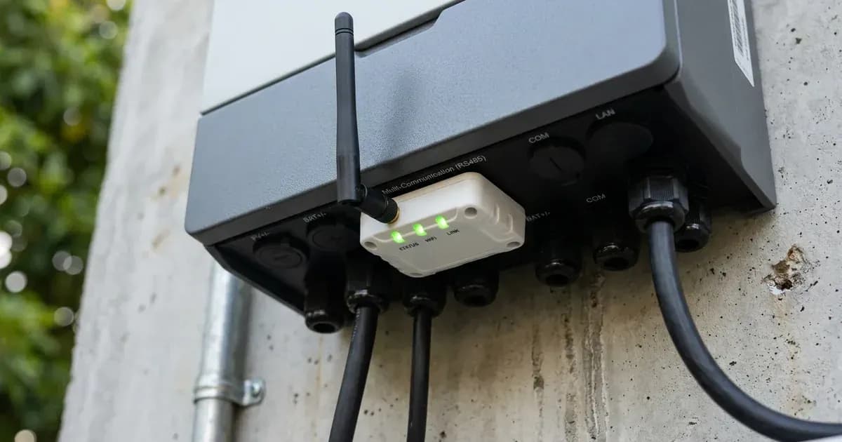 External wireless data logger dongle plugged into the bottom communication port of a solar hybrid inverter. — SolarNevs spec card