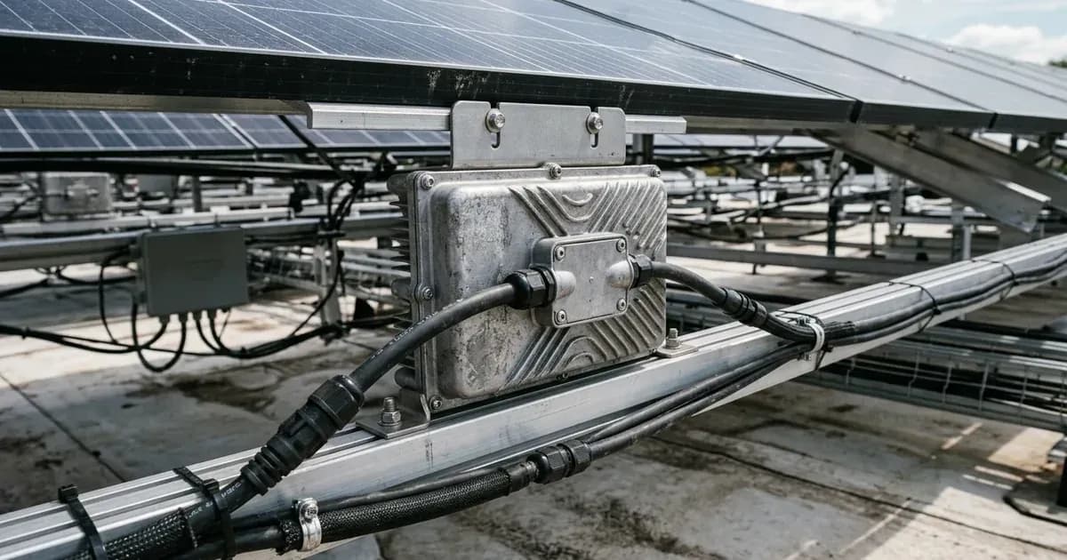 Commercial microinverter unit installed under solar panel racking on a rooftop. — SolarNevs spec card