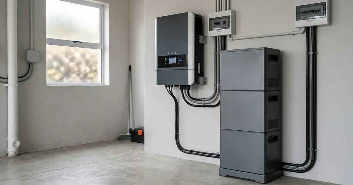Wall-mounted solar inverter with modular lithium battery storage stack. — SolarNevs spec card