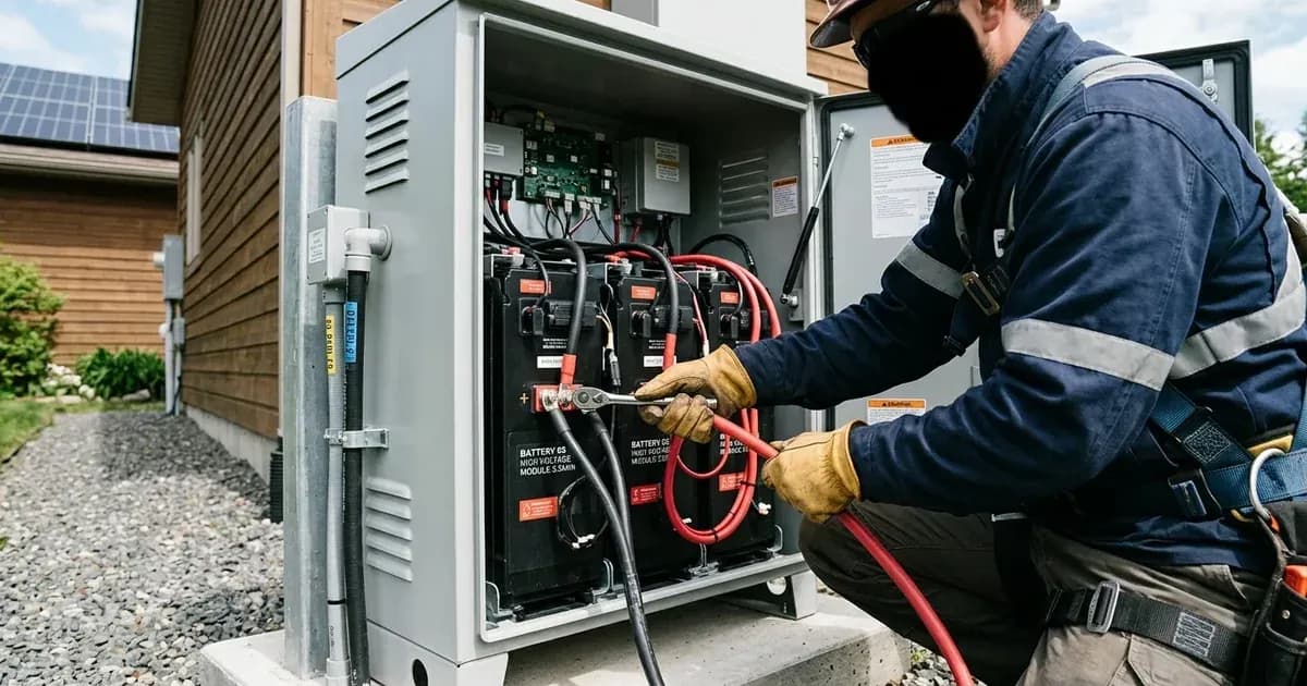 Solar installer connecting high-voltage modular lithium battery units in a weatherproof enclosure. — SolarNevs spec card