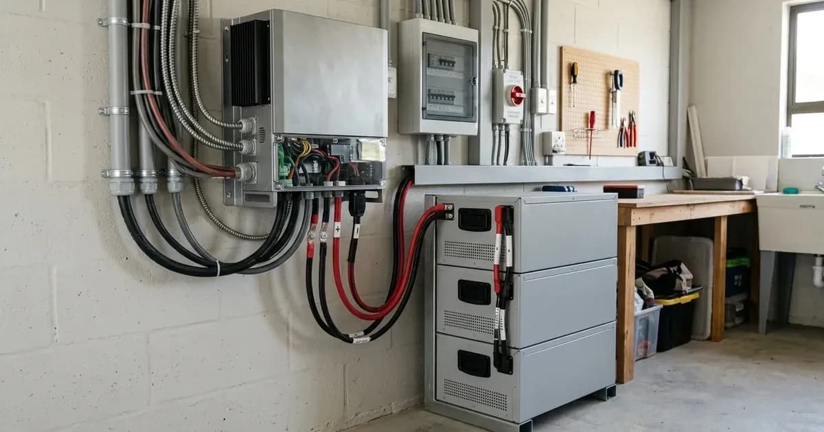 Wall-mounted hybrid solar inverter connected to a stacked modular lithium battery bank. — SolarNevs spec card