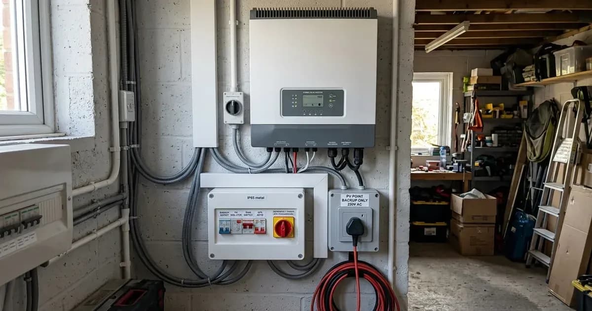 Wall-mounted hybrid solar inverter with emergency power backup switchboard in a utility room. — SolarNevs spec card