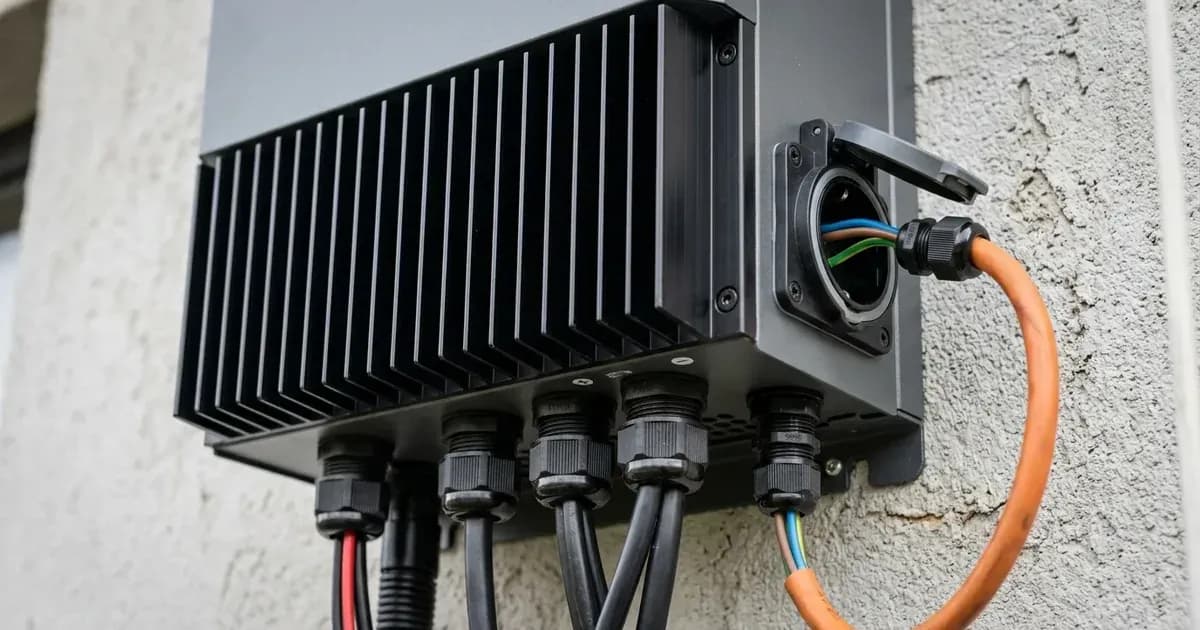 Close-up of a single-phase hybrid solar inverter casing showing cooling vents and conduit cable entries. — SolarNevs spec card