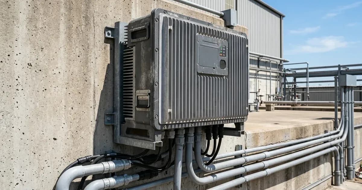 Outdoor commercial solar inverter with cooling fins mounted on a concrete wall with electrical conduit. — SolarNevs spec card