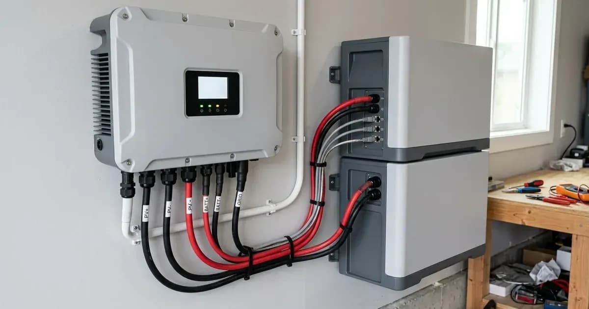 Hybrid solar inverter wired to stacked lithium storage battery units via heavy DC cables and data links. — SolarNevs spec card