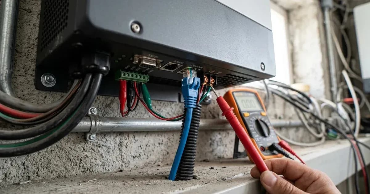 Communication cables and multimeter probe checking connection ports beneath a solar inverter. — SolarNevs spec card
