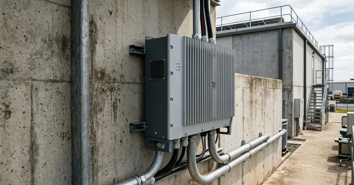 Commercial three-phase solar inverter with heatsink fins mounted on an exterior concrete wall with conduits. — SolarNevs spec card