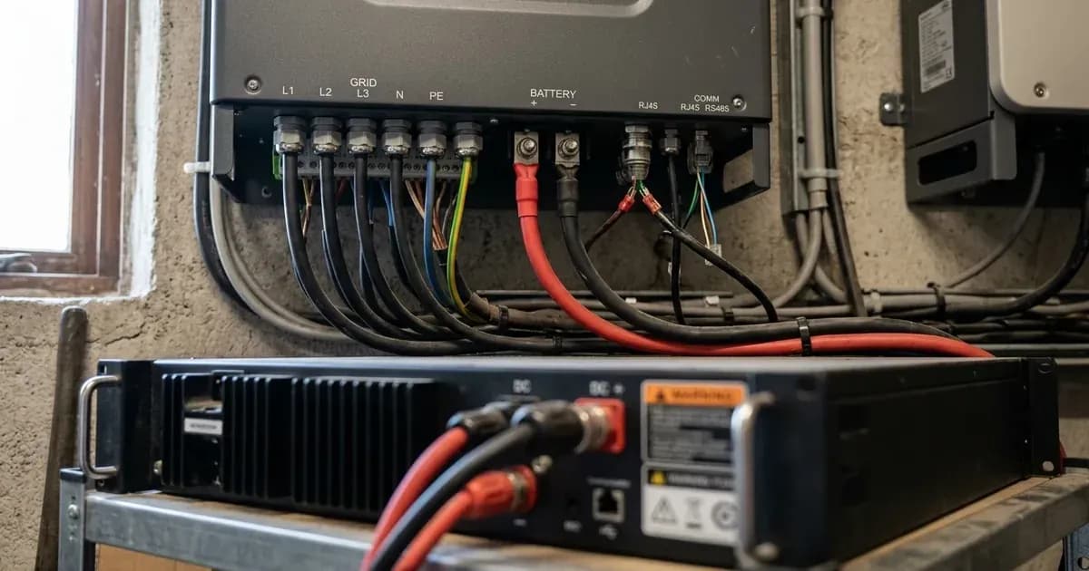 Bottom wiring panel of a three-phase solar inverter connected to a rack-mounted lithium battery module. — SolarNevs spec card