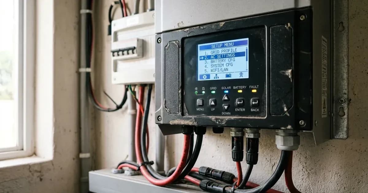 Wall-mounted solar inverter control interface with illuminated setup menu display and navigation buttons. — SolarNevs spec card