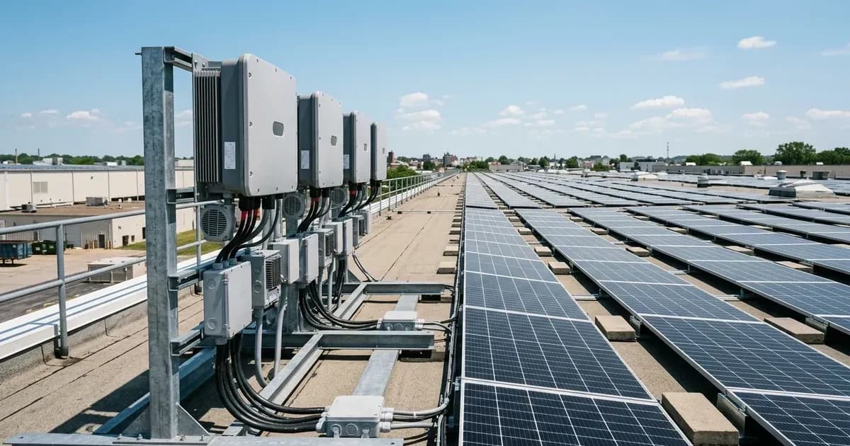 Commercial rooftop solar installation with a bank of three-phase string inverters and solar arrays. — SolarNevs spec card