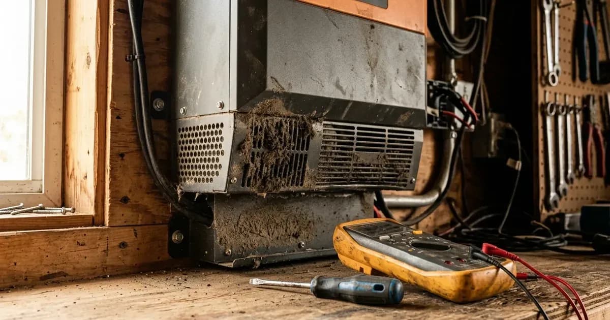 Solar inverter cooling fan intake vents and diagnostic multimeter on a workbench during maintenance. — SolarNevs spec card
