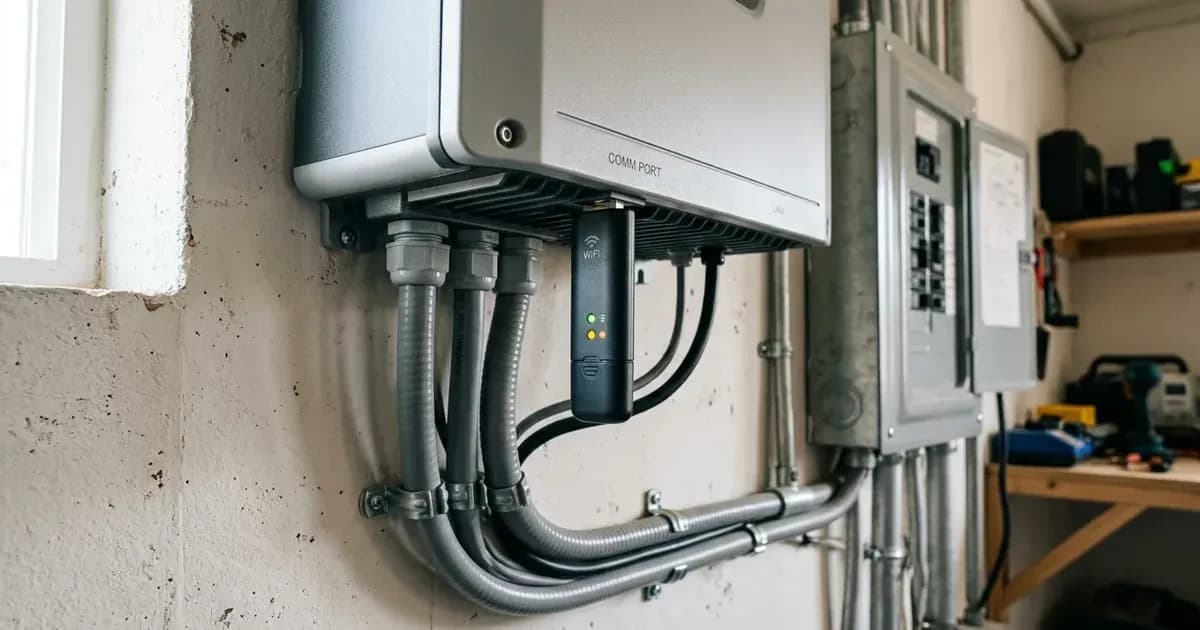 Wireless datalogger dongle plugged into the bottom communication port of a wall-mounted solar inverter. — SolarNevs spec card