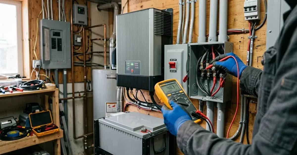 Multimeter test probes checking the electrical breaker panel beside a wall-mounted solar inverter. — SolarNevs spec card