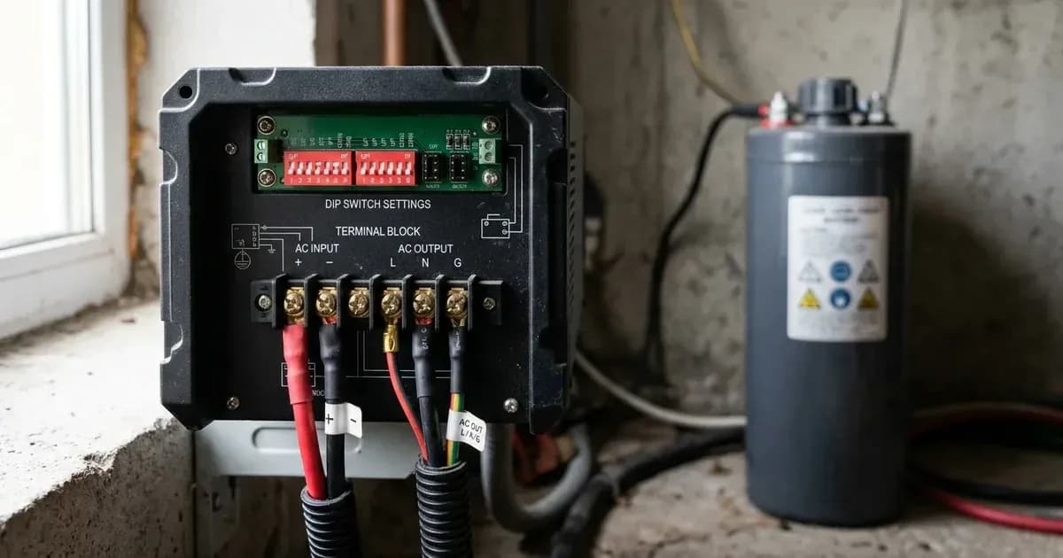 Configuration DIP switches on the rear panel of an inverter with a tubular battery in the background. — SolarNevs spec card