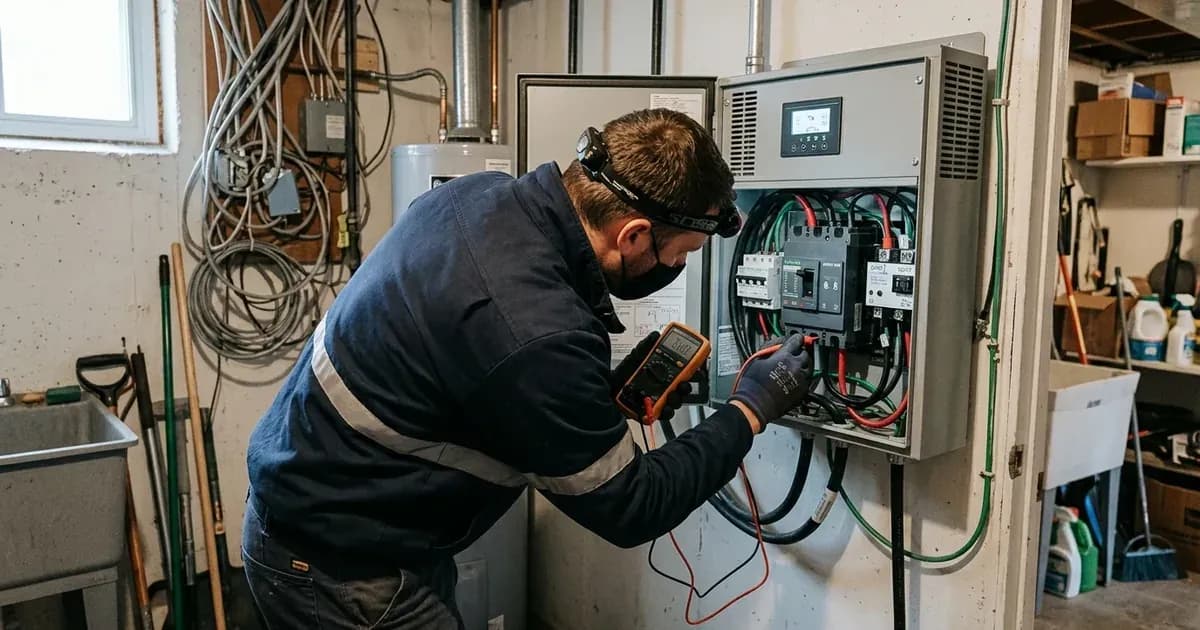 Electrician testing the internal circuit breaker and output terminals of a backup power distribution enclosure — SolarNevs spec card