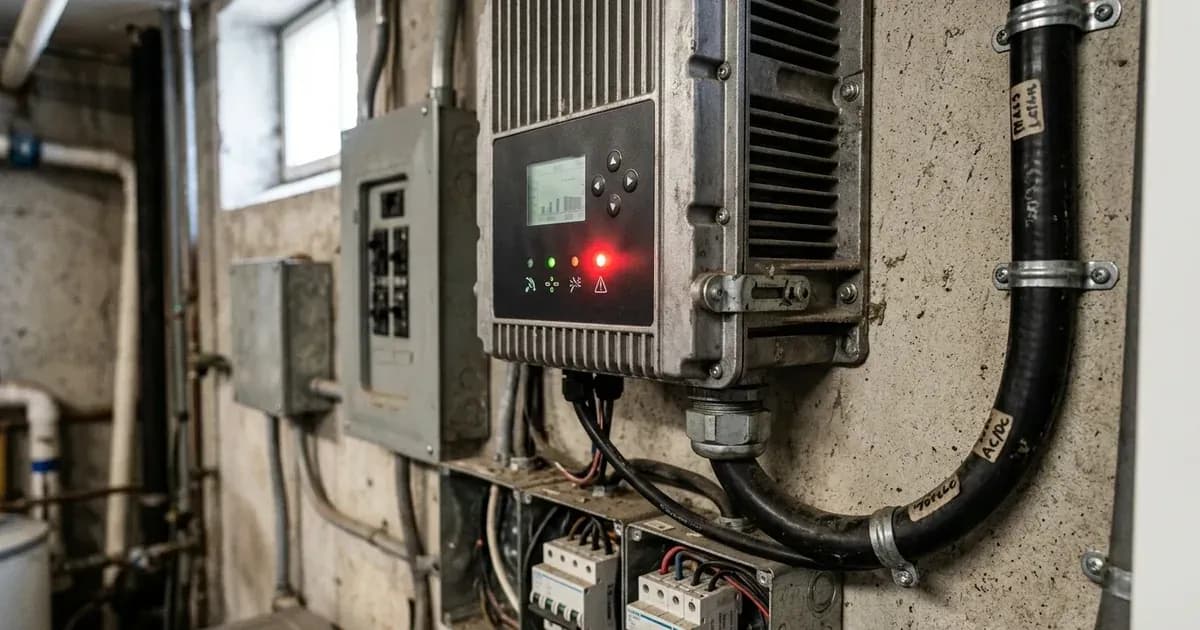 Wall-mounted solar inverter with illuminated red fault light and AC breaker panel in a utility basement. — SolarNevs spec card