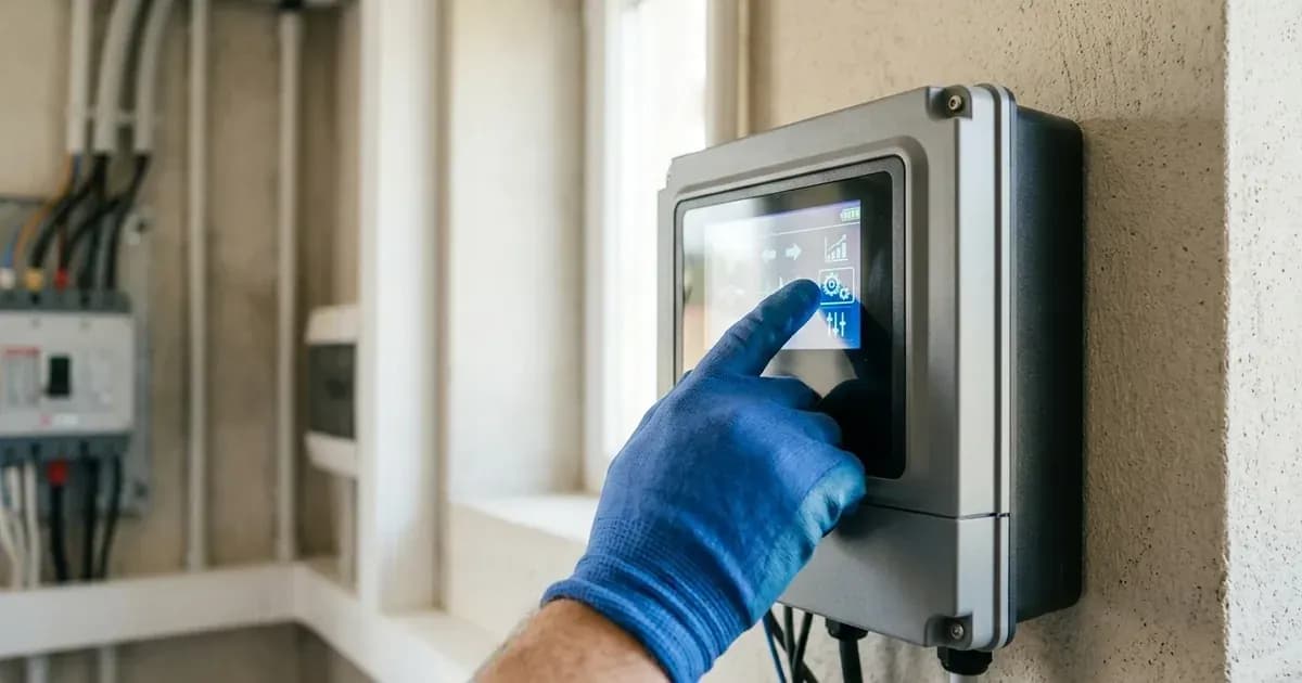 Gloved hand adjusting solar inverter charging parameters on a digital LCD control interface. — SolarNevs spec card
