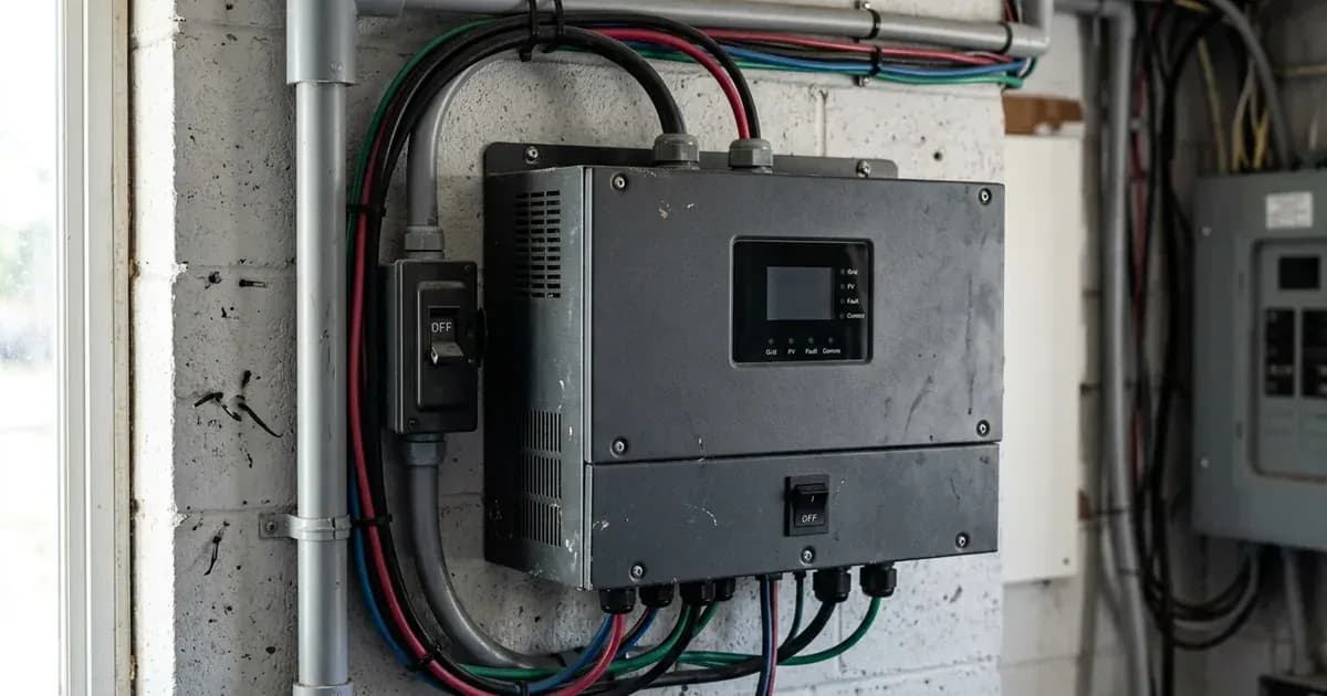 Wall-mounted solar inverter completely powered down with blank screen and unlit indicator panel. — SolarNevs spec card