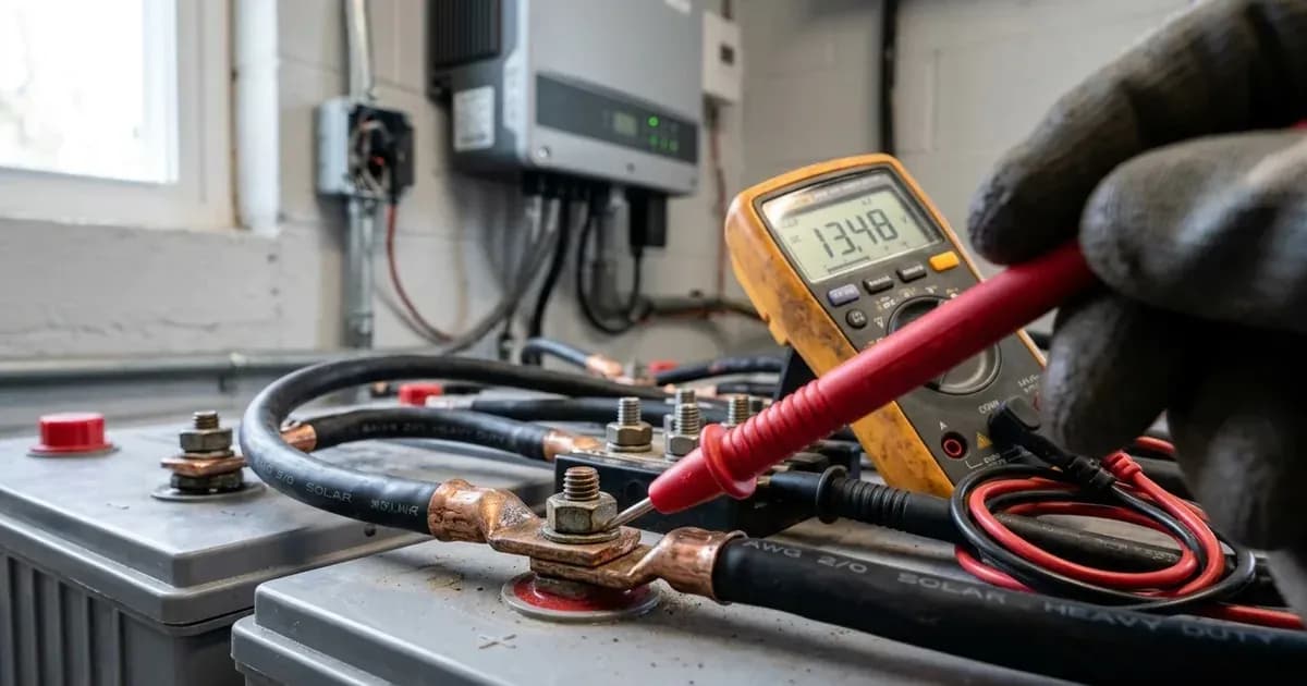Multimeter probe testing heavy battery terminal connection in front of a solar inverter. — SolarNevs spec card