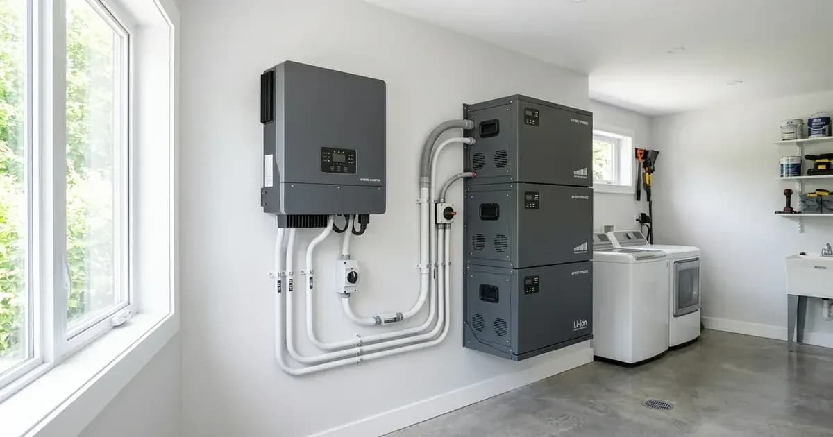 Residential hybrid inverter paired with a stacked lithium battery storage system in a bright utility room. — SolarNevs spec card