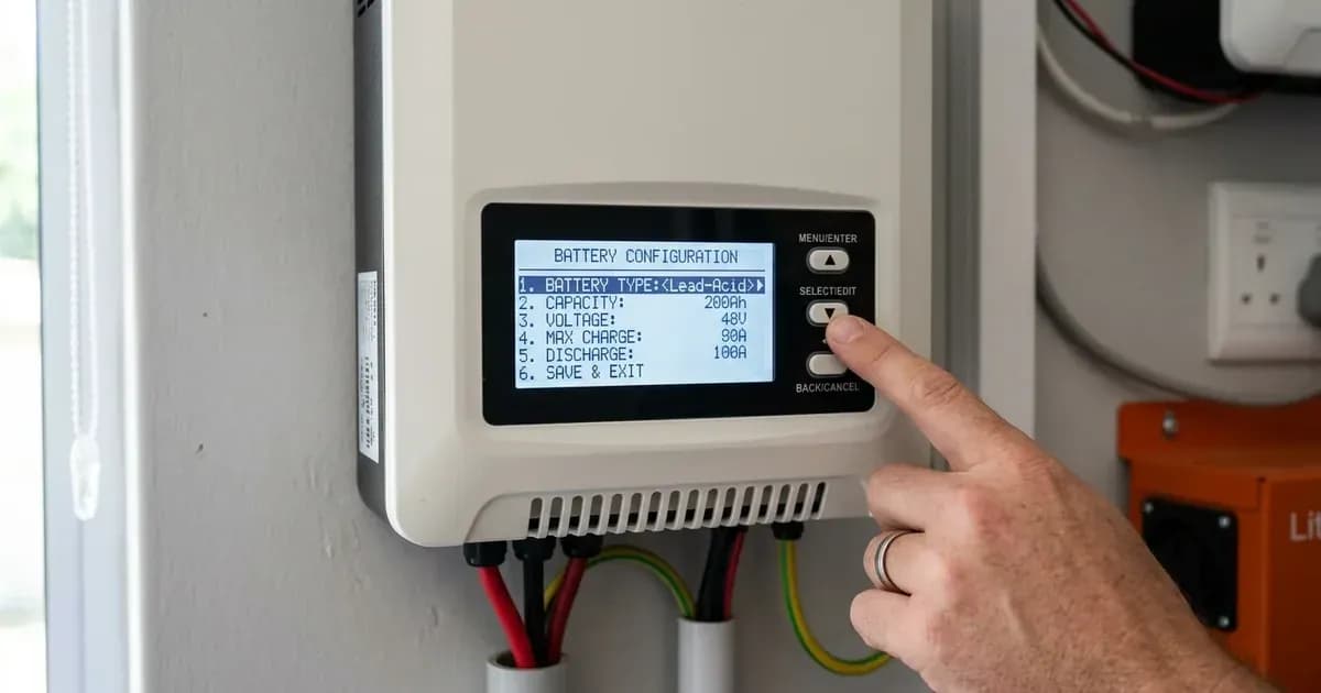 Close-up of a technician navigating battery type configuration settings on a solar inverter screen. — SolarNevs spec card