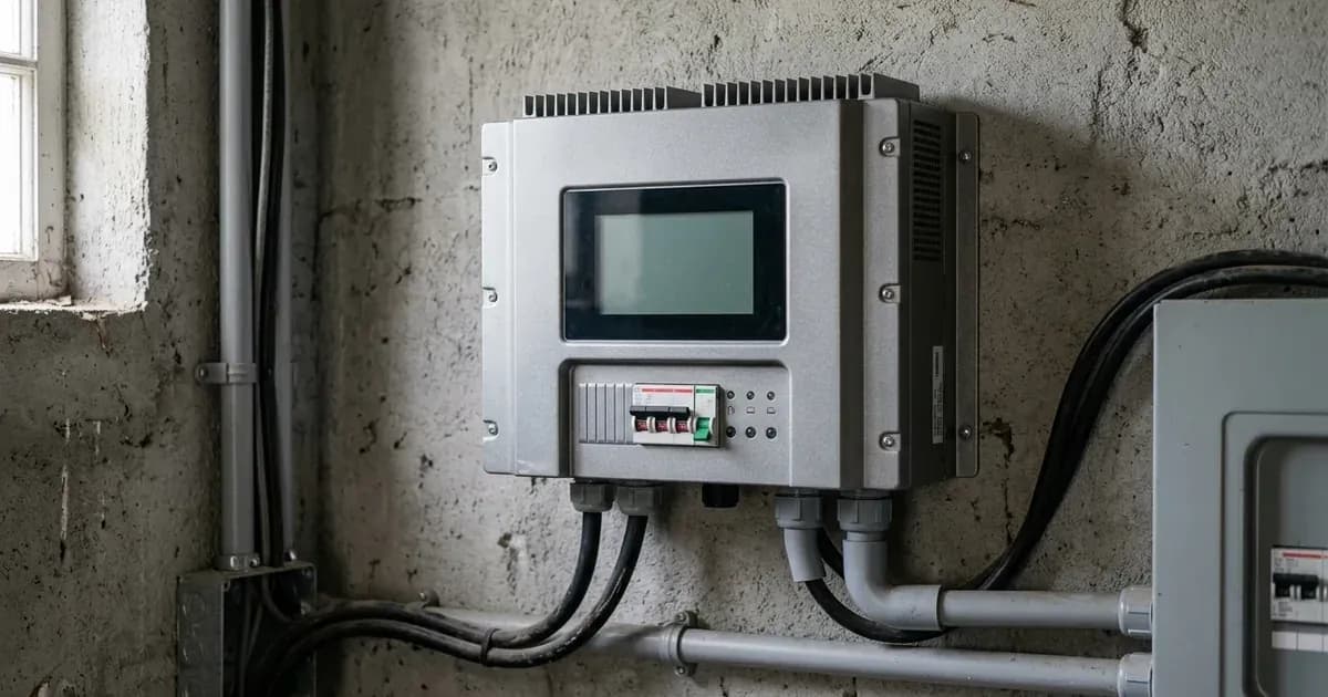 Wall-mounted solar inverter with an unlit blank LCD screen and electrical conduit wiring in a utility room. — SolarNevs spec card