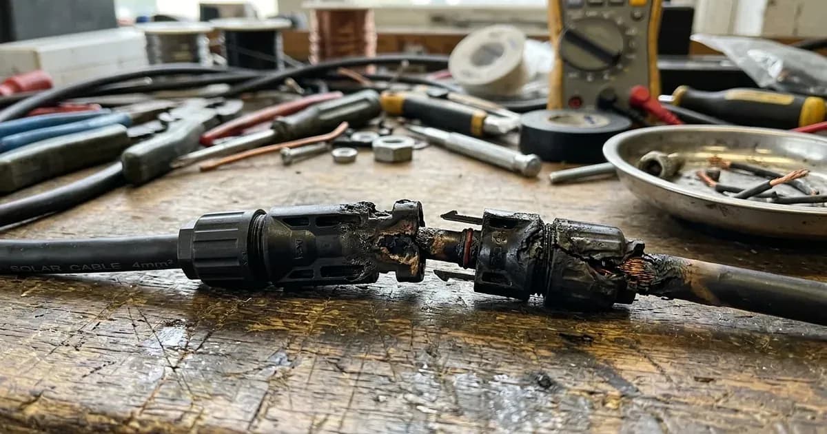Melted and heat-damaged solar MC4 cable connector on a workshop table during electrical inspection. — SolarNevs spec card