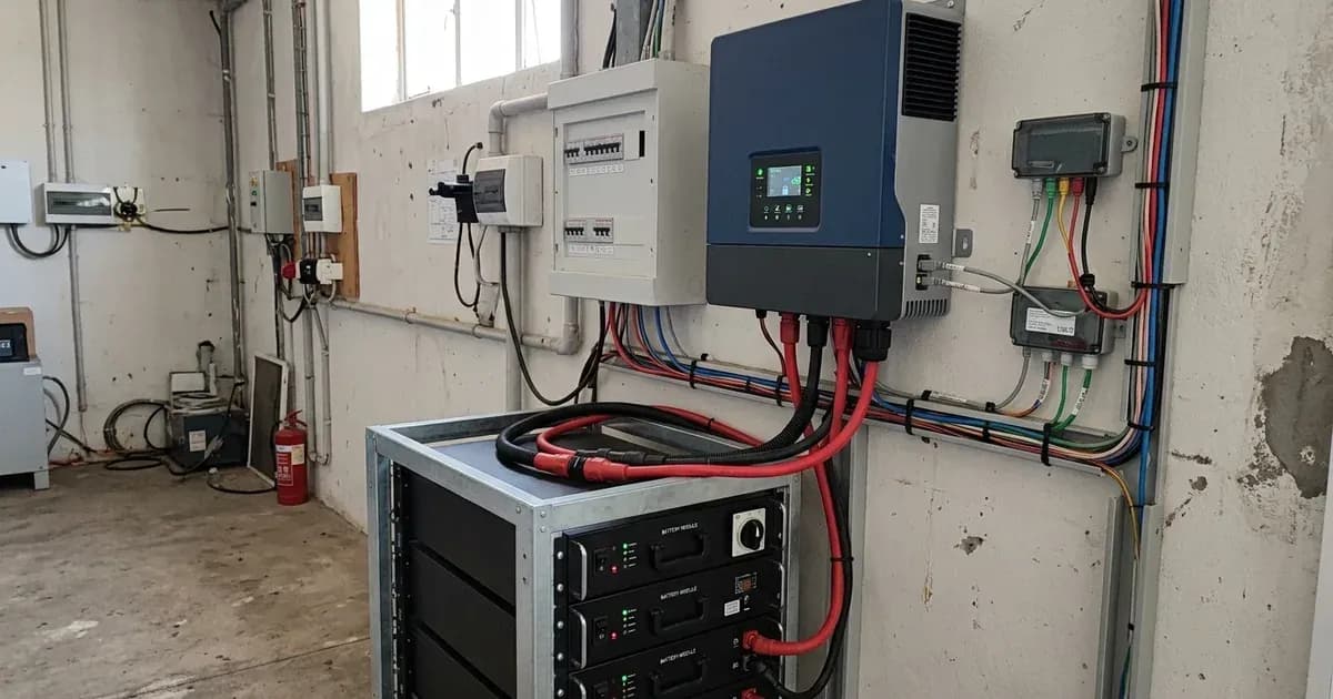 Wall-mounted hybrid solar inverter wired to rack-mounted lithium battery storage modules in a utility room. — SolarNevs spec card