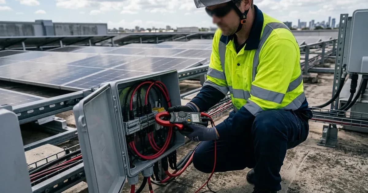 Technician testing DC string current with a clamp meter at a rooftop solar array combiner box. — SolarNevs spec card