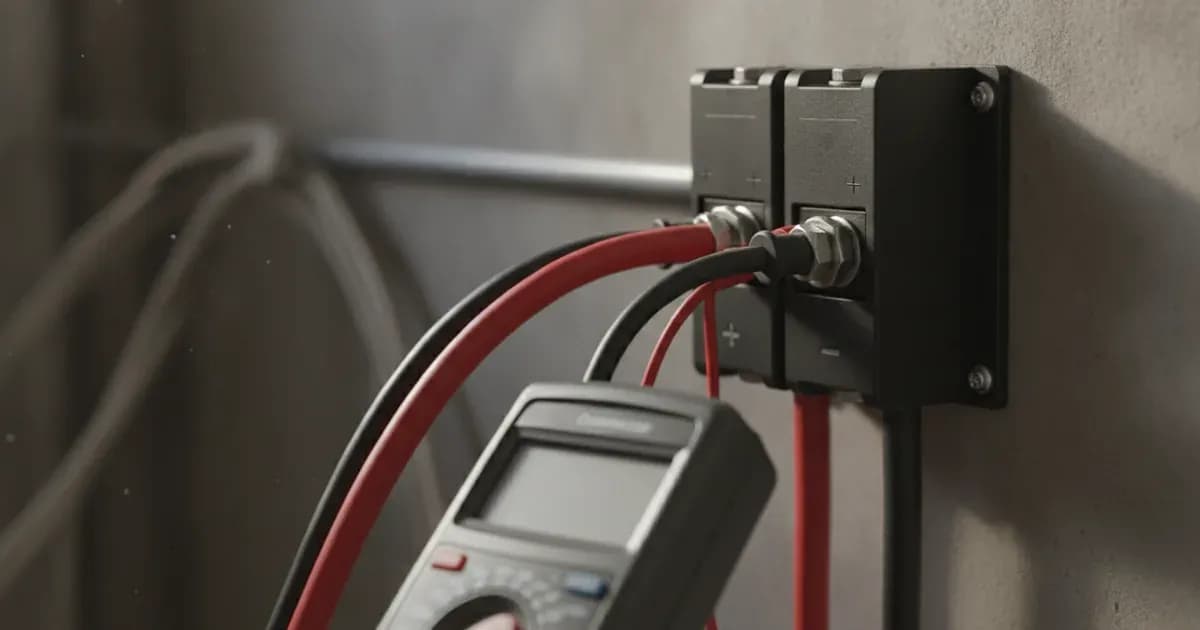 Multimeter probes measuring DC voltage across PV input terminals on an opened solar inverter unit. — SolarNevs spec card