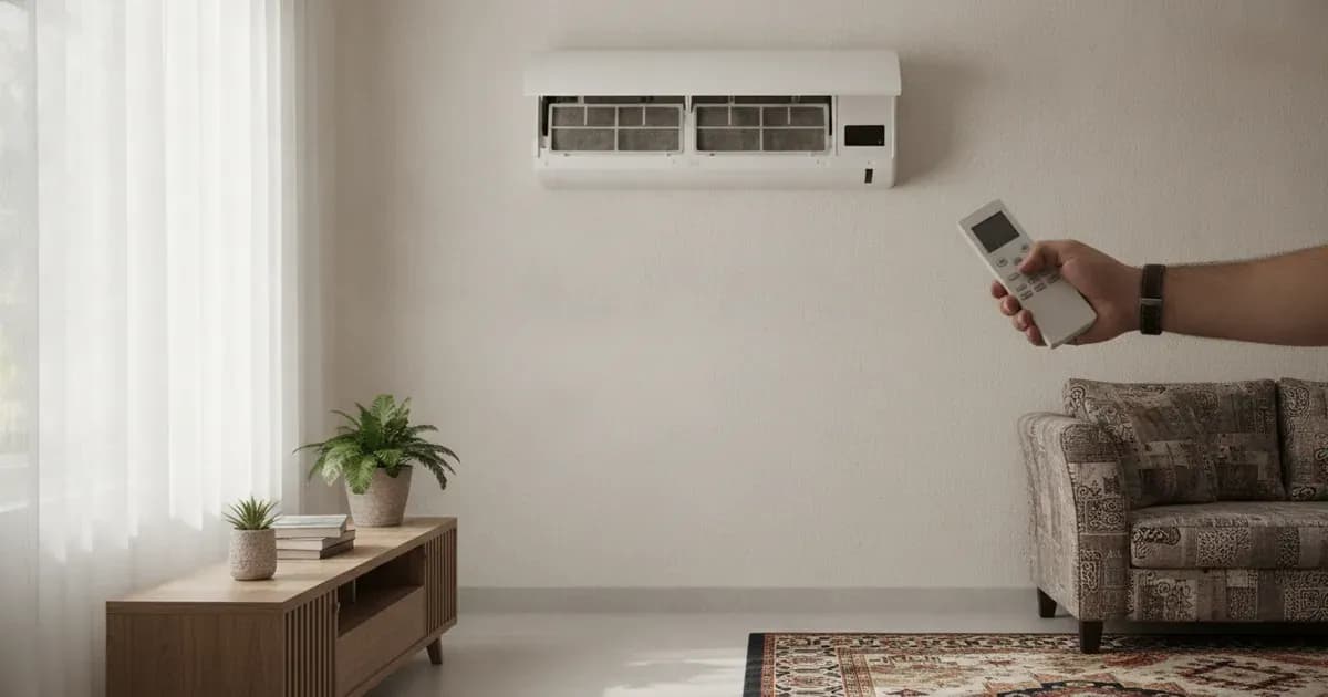 Wall-mounted split air conditioner indoor unit with illuminated digital display panel in a home interior. — SolarNevs spec card