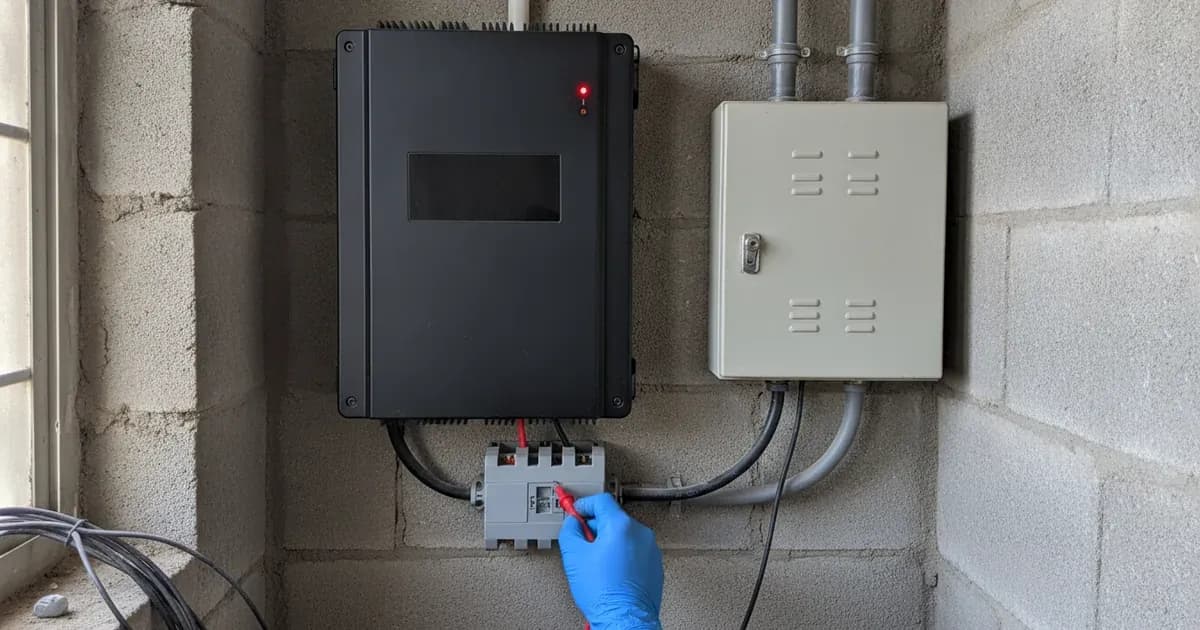 Solar hybrid inverter control screen and status indicators mounted beside an AC breaker distribution panel. — SolarNevs spec card