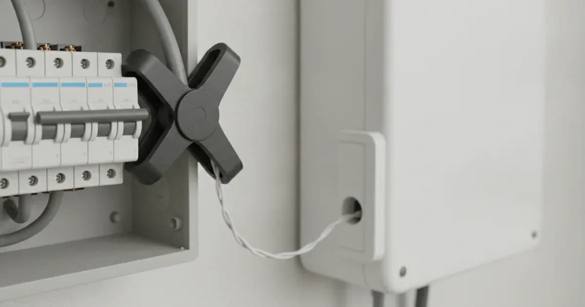 Current transformer CT clamp sensor installed on main electrical cable wired to a hybrid solar inverter. — SolarNevs spec card