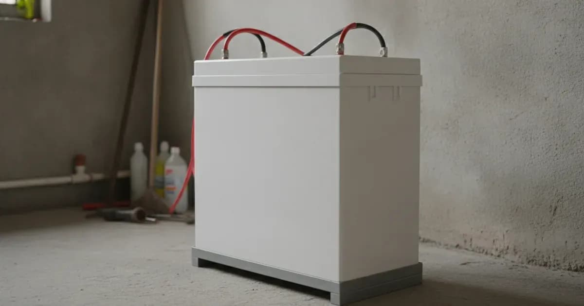 Close-up of a lead-acid battery terminal with thick red power cable bolted to the post in a metal battery rack. — SolarNevs spec card