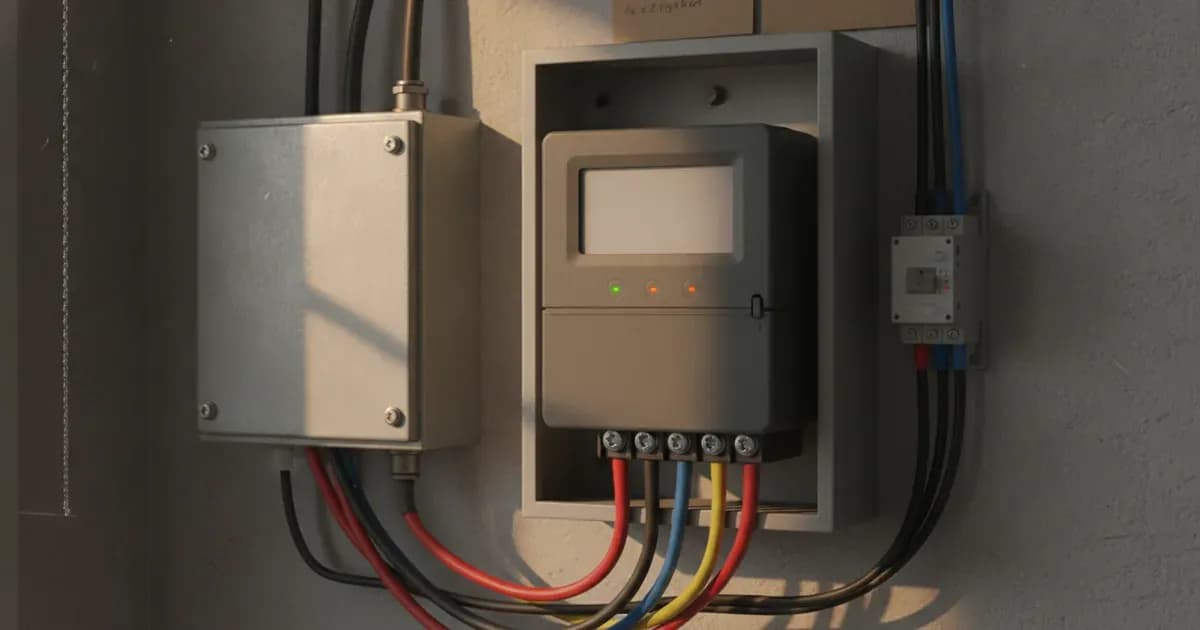 Digital energy smart meter and miniature circuit breakers wired neatly on a DIN rail in an electrical consumer unit. — SolarNevs spec card