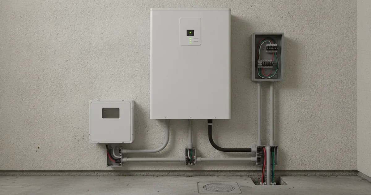 Wall-mounted lithium battery system and electrical backup controller connected with metal conduit pipes. — SolarNevs spec card