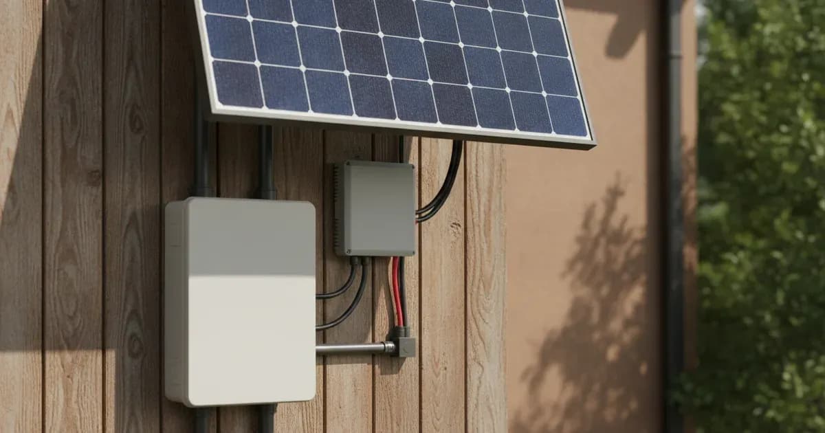 A solar microinverter and junction box mounted to aluminum rails beneath rooftop solar panels. — SolarNevs spec card