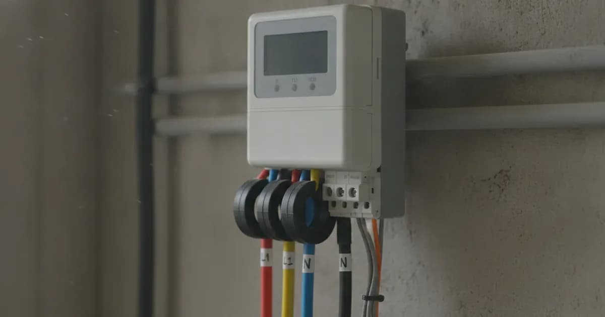 Digital smart power meter in an electrical enclosure with CT clamps attached to three-phase feeder cables. — SolarNevs spec card