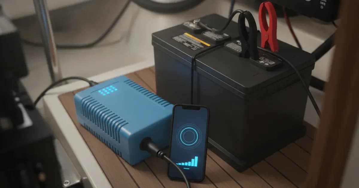 Victron Blue Smart IP65 splashproof battery charger connected to a marine deep-cycle battery with Bluetooth status active on a mobile screen — SolarNevs spec card