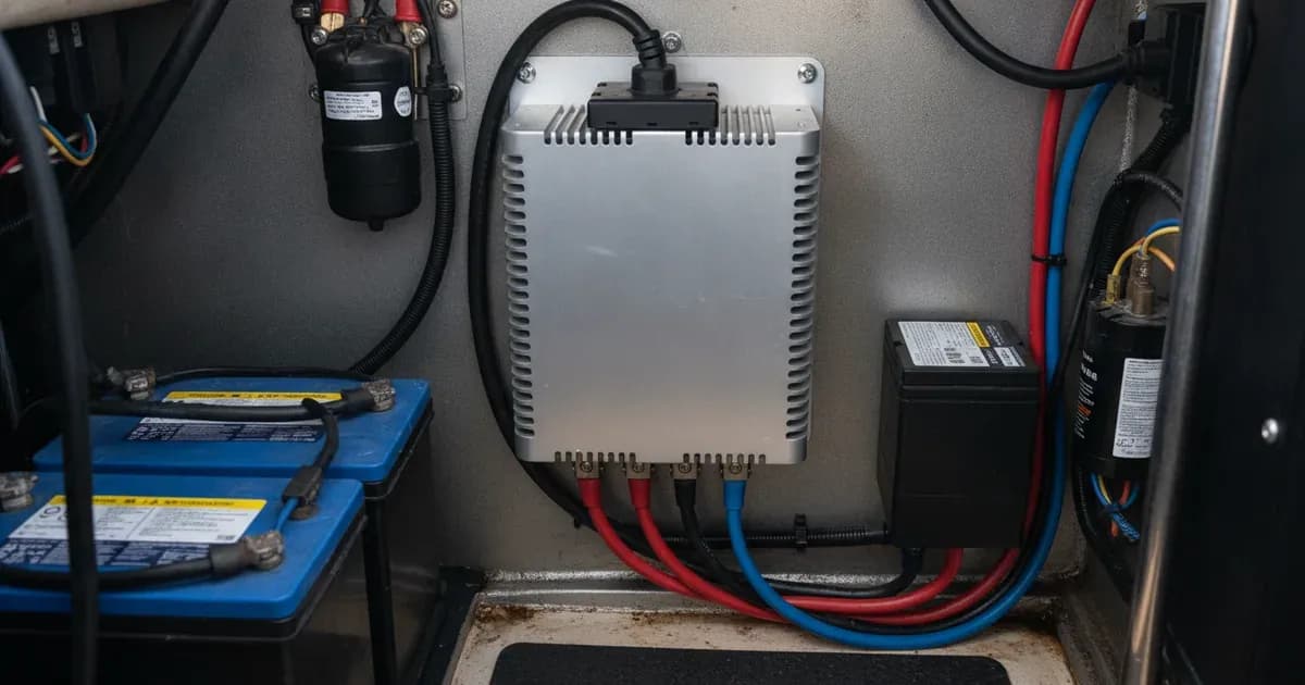 A Victron Centaur charger mounted vertically, showing AC input and three DC output connections to battery banks — SolarNevs spec card