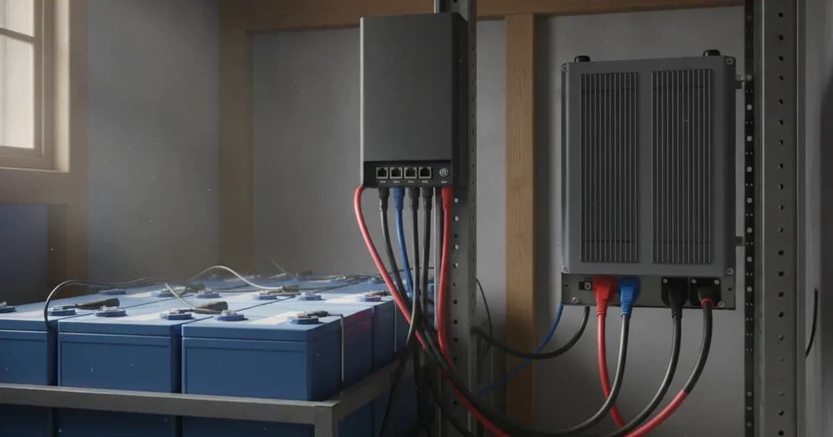 A close-up of a Victron Cerbo GX unit with its various ports clearly visible, connected to a battery bank and inverter — SolarNevs spec card