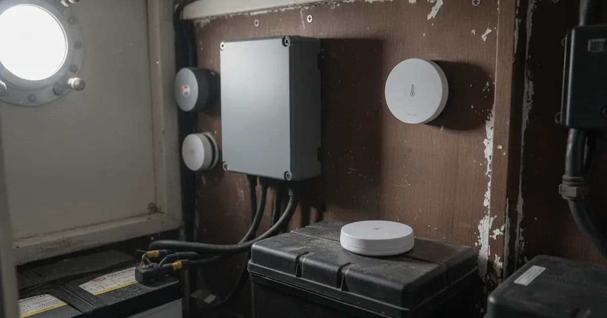A Victron Cerbo GX mounted beside two RuuviTag Pro BLE environmental sensors measuring battery compartment temperature and ambient humidity — SolarNevs spec card