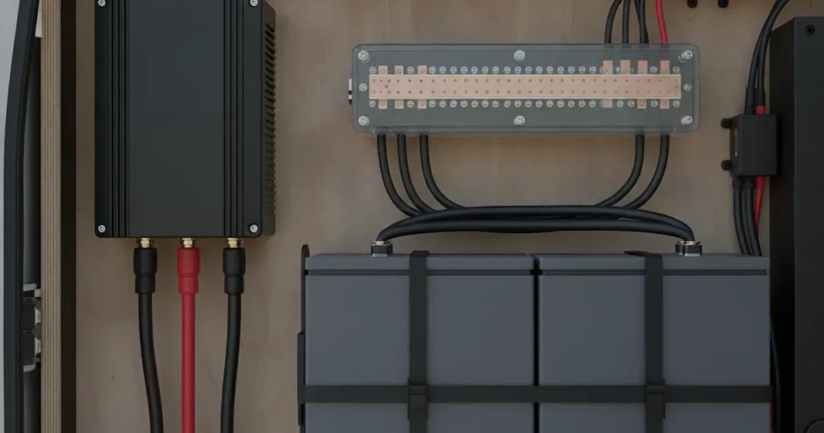 A heavy-duty Victron Cyrix-Li-ct 230A combiner mounted next to a Lynx Distributor and LiFePO4 battery bank — SolarNevs spec card