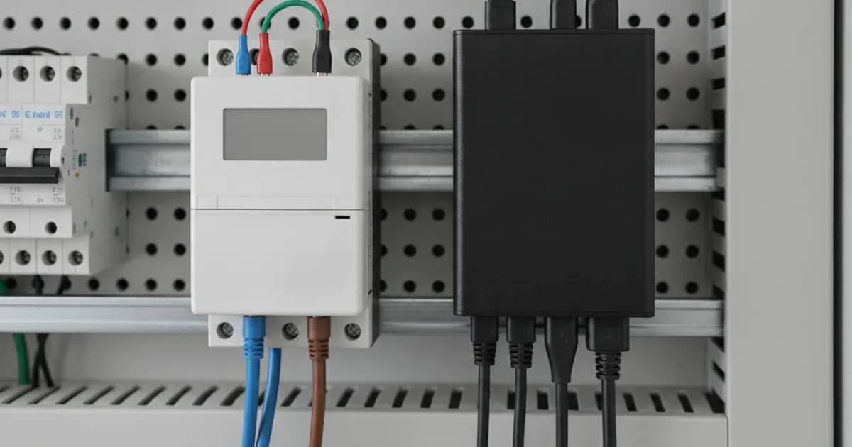 A close-up photo of a Victron EM111 or EM112 meter installed on a DIN rail, with RS485 and power wiring connected, next to a Victron Cerbo GX device — SolarNevs spec card